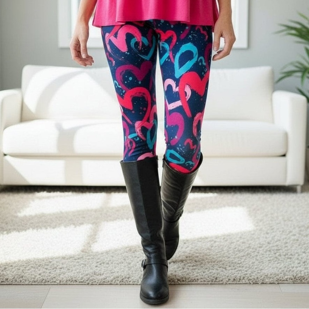 💜OS/TC/TC2 NEW Womens Valentines Day Leggings YOGA WAIST Purple Blue Hearts